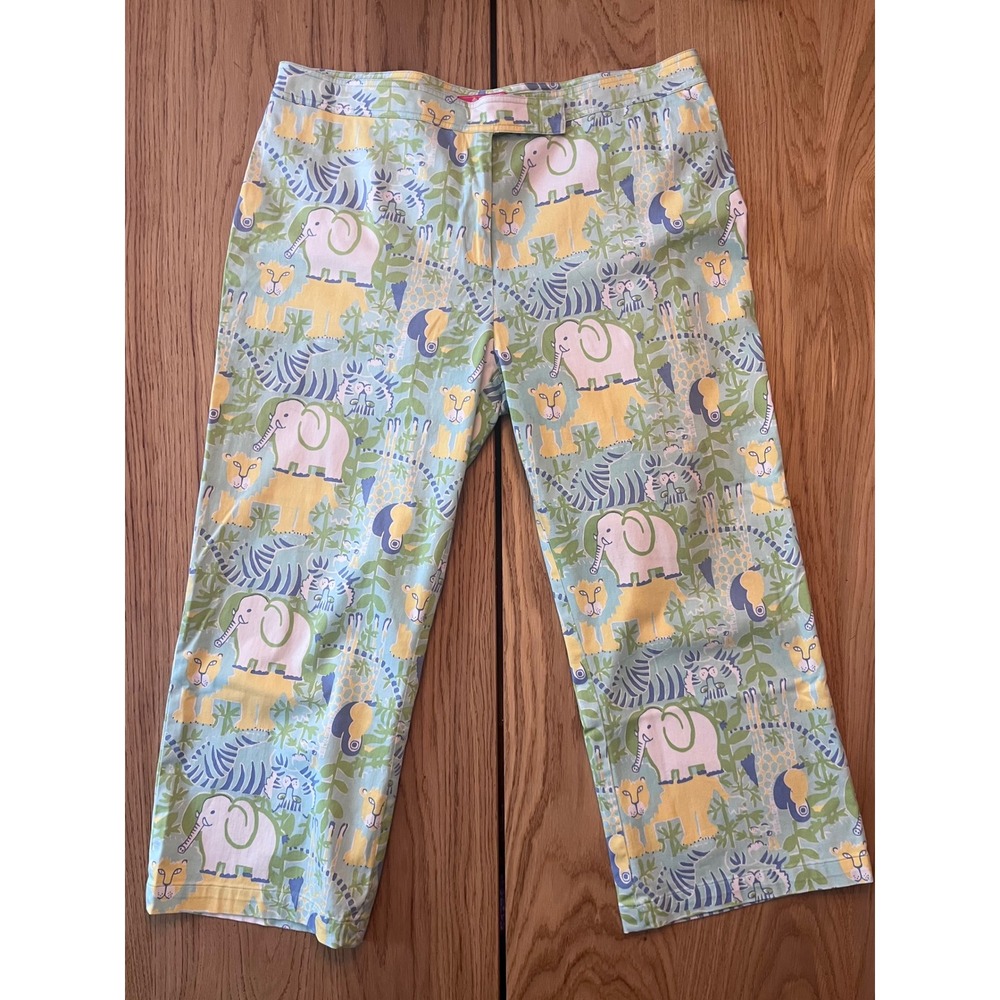 Key West Safari Animal Print Cropped Pants Womens 14‎ Blue Elephant Lion Zebra